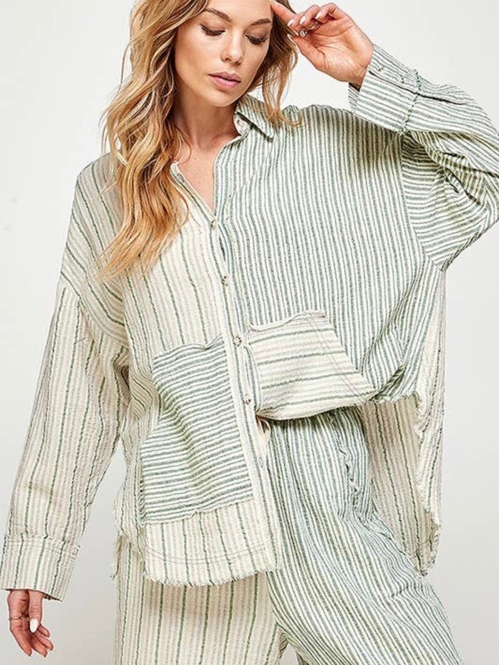 Relaxed Striped Button-Up Shirt - Green & Cream